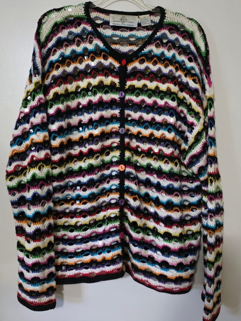 Design Options Rainbow Stripes Cardigan Sweater Sequins Colorful Statement XL